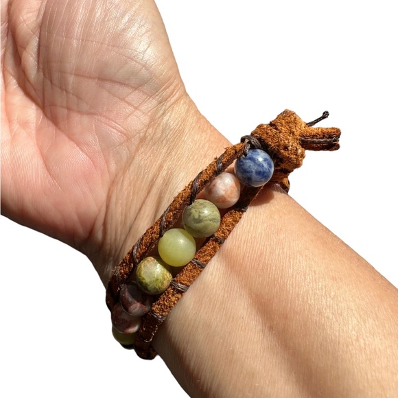 Colorful Glass Bead and Leather Boho Bracelet - Picture 2 of 5